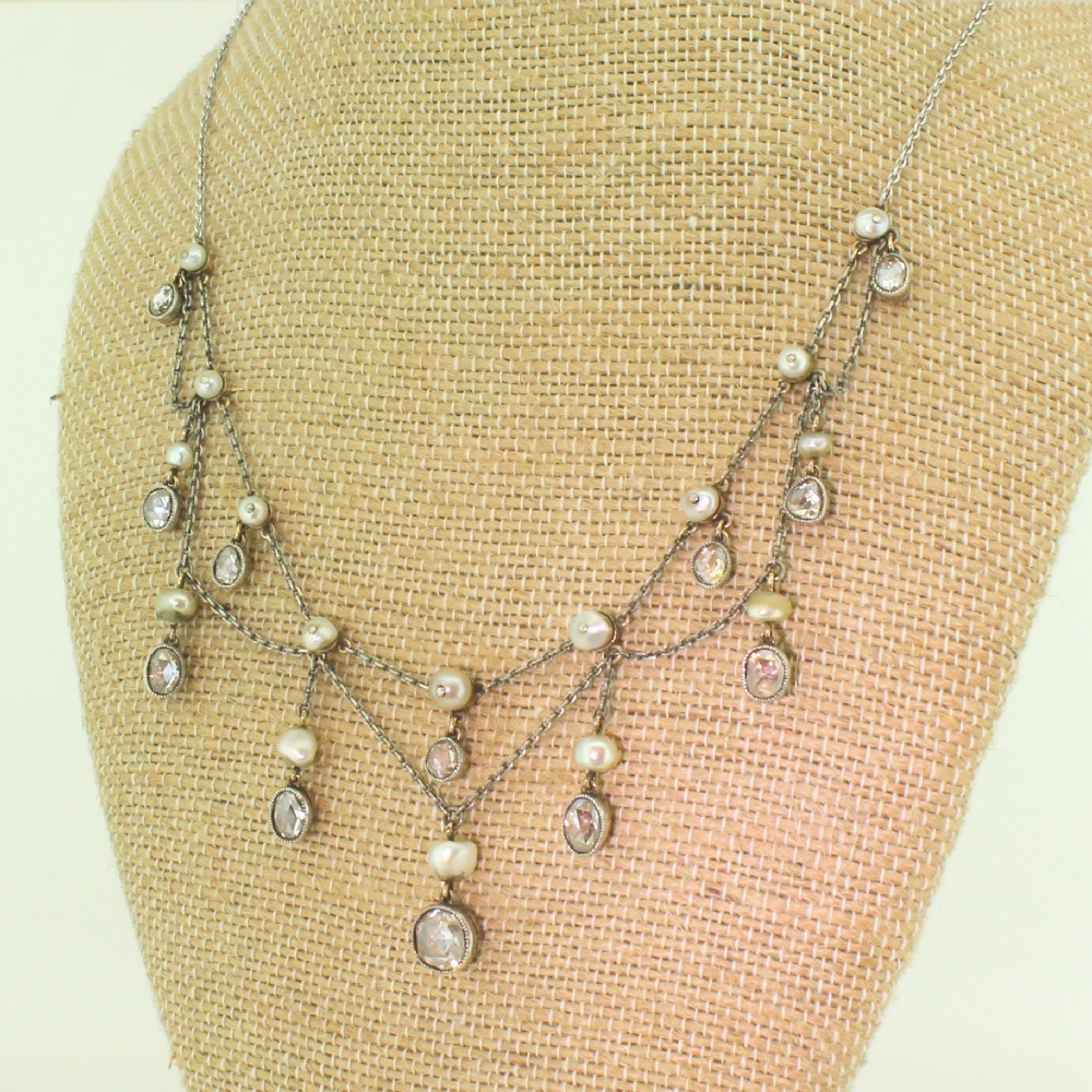 Victorian Rose Cut Diamond & Natural Pearl Necklace, circa 1860
