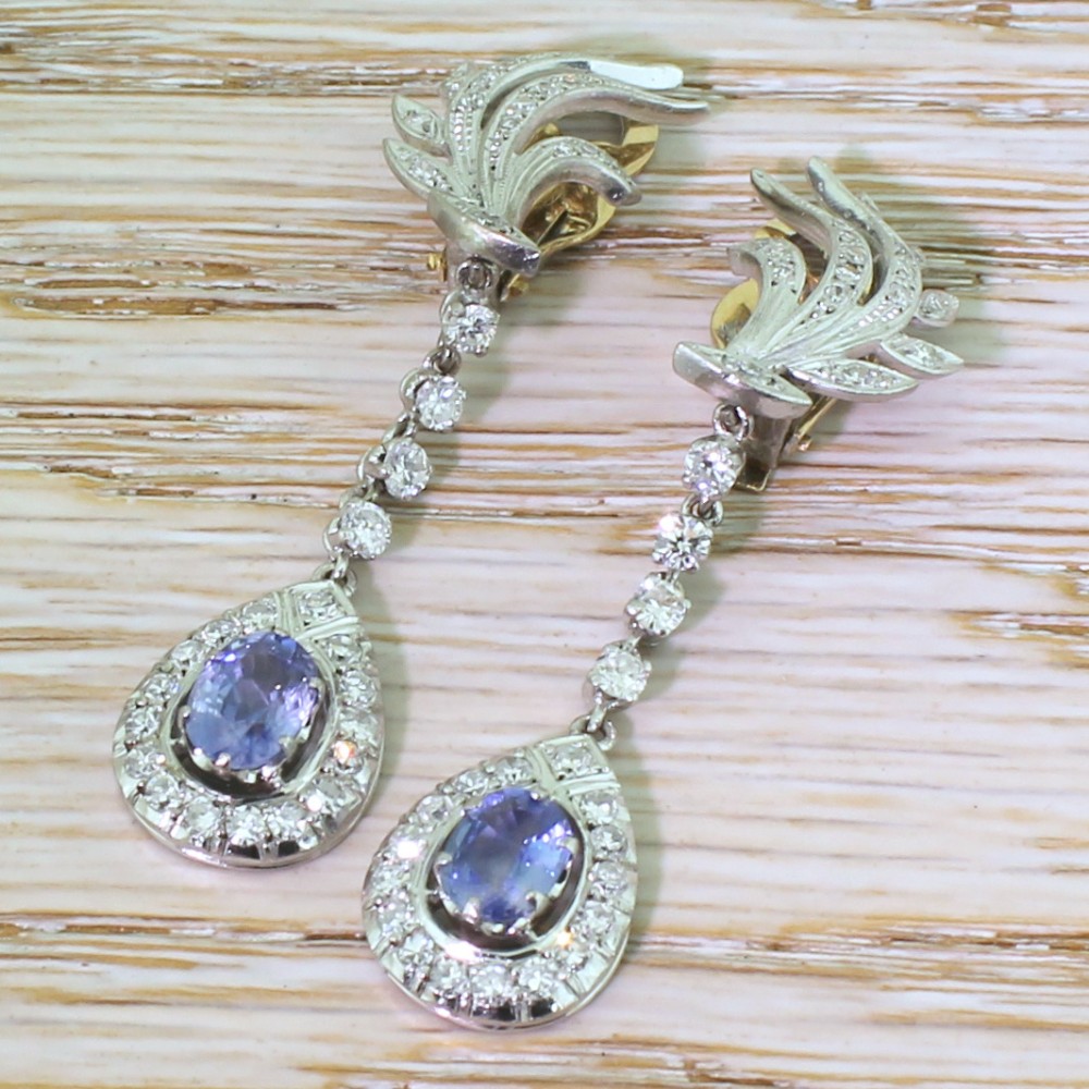 Mid Century 1.74 Carat Sapphire & 1.59 Carat Diamond Drop Earrings