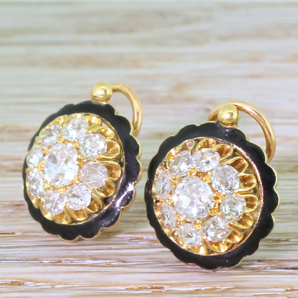 Victorian 2.55 Carat Old Cut Diamond & Black Enamel Cluster Earrings, French, circa 1900

