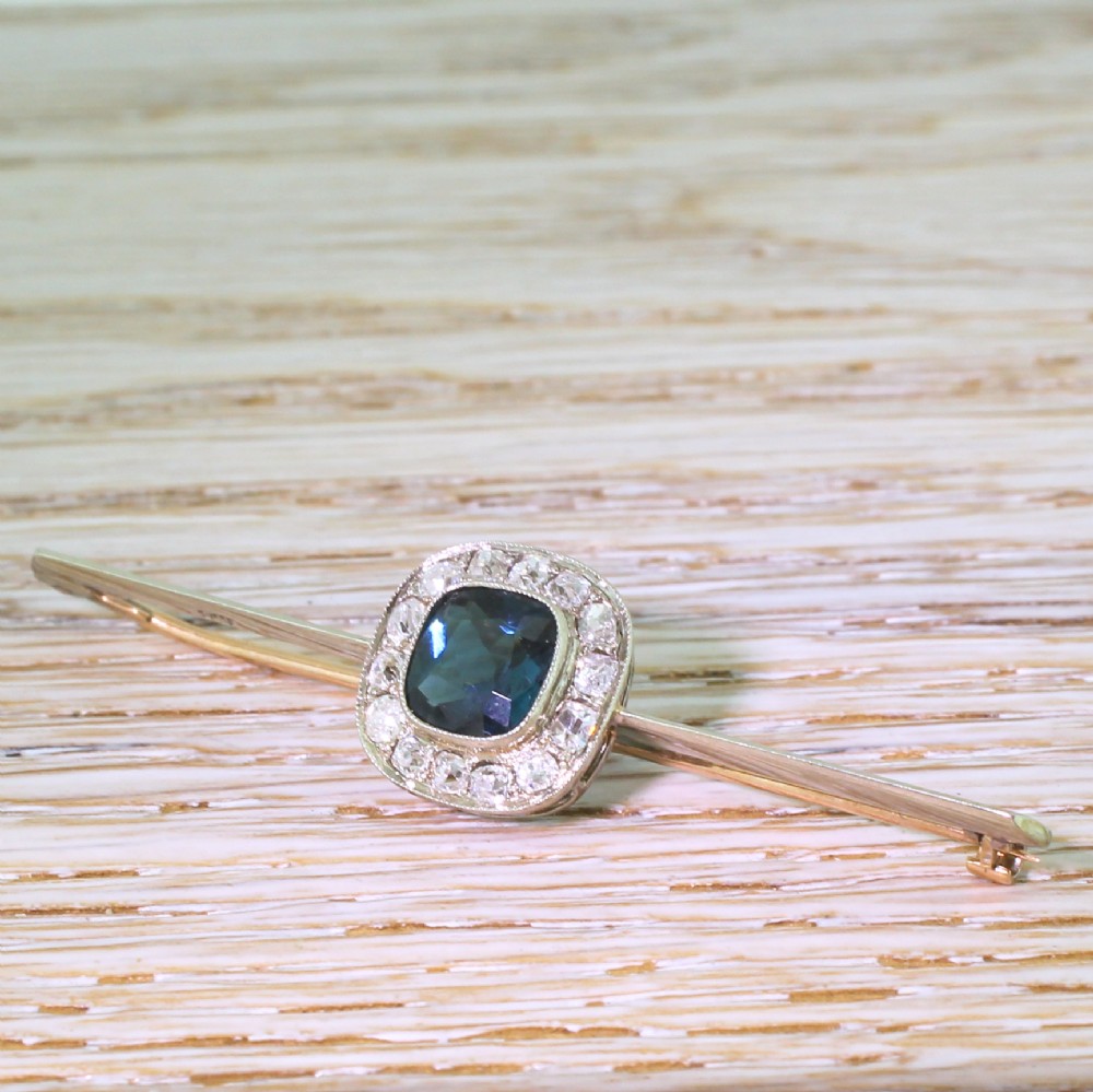 Art Deco Tourmaline & Old Cut Diamond Cluster Pin Brooch, circa 1940

