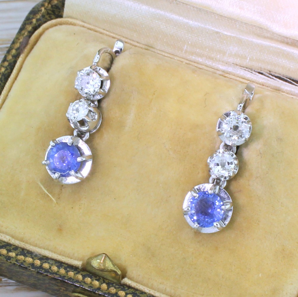Art Deco Sapphire & Carat Old Cut Diamond Drop Earrings, French, circa 1935
