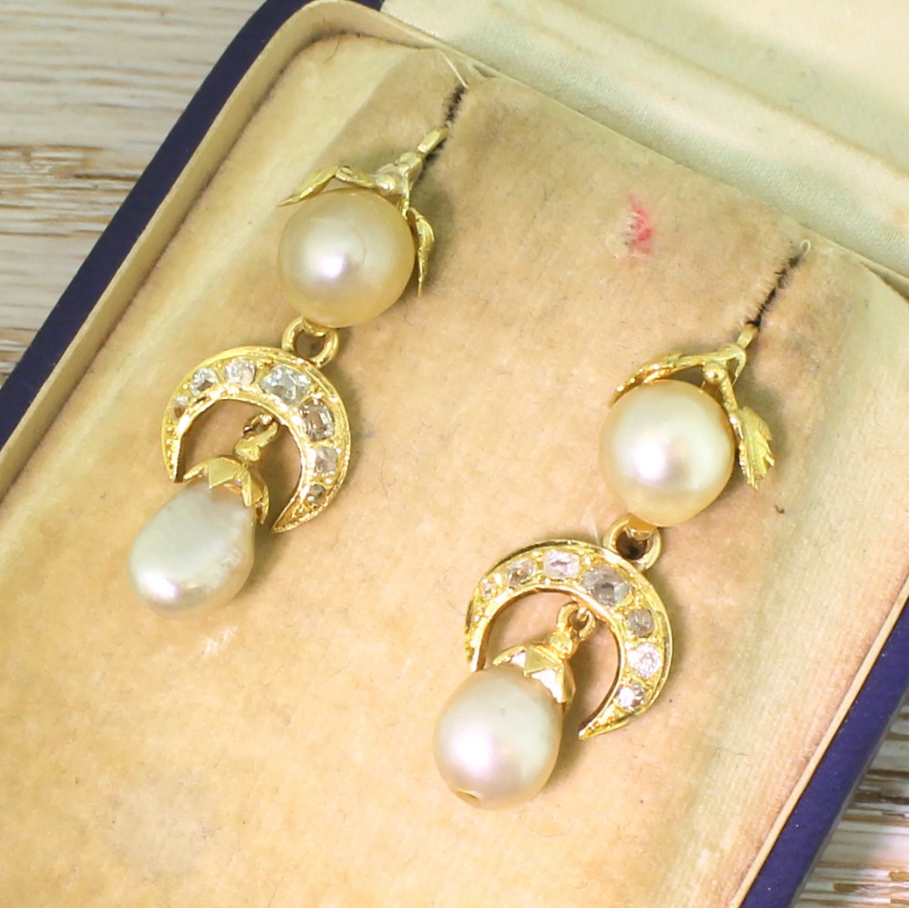 Victorian Natural Pearl & Old Cut Diamond Drop Earrings, circa 1860
