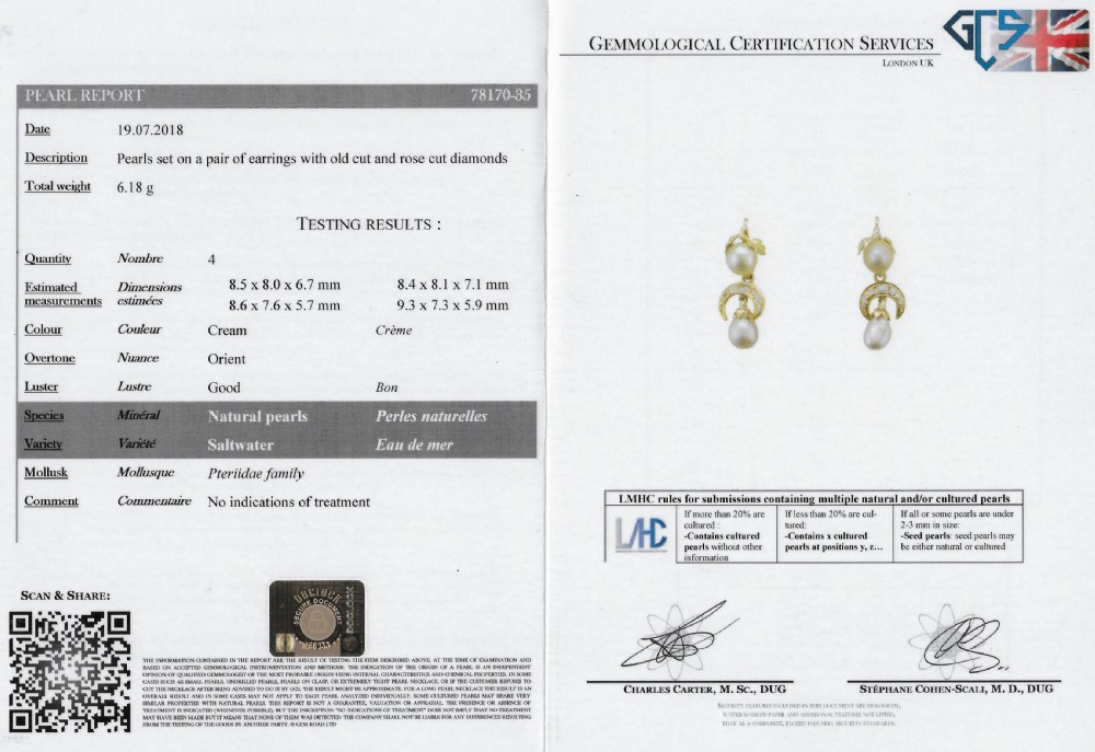 Victorian Natural Pearl & Old Cut Diamond Drop Earrings, circa 1860
 View VII