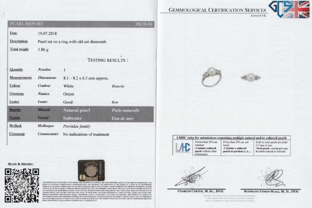 Art Deco Natural Saltwater Pearl & Old Cut Diamond Ring, circa 1935
 View VII