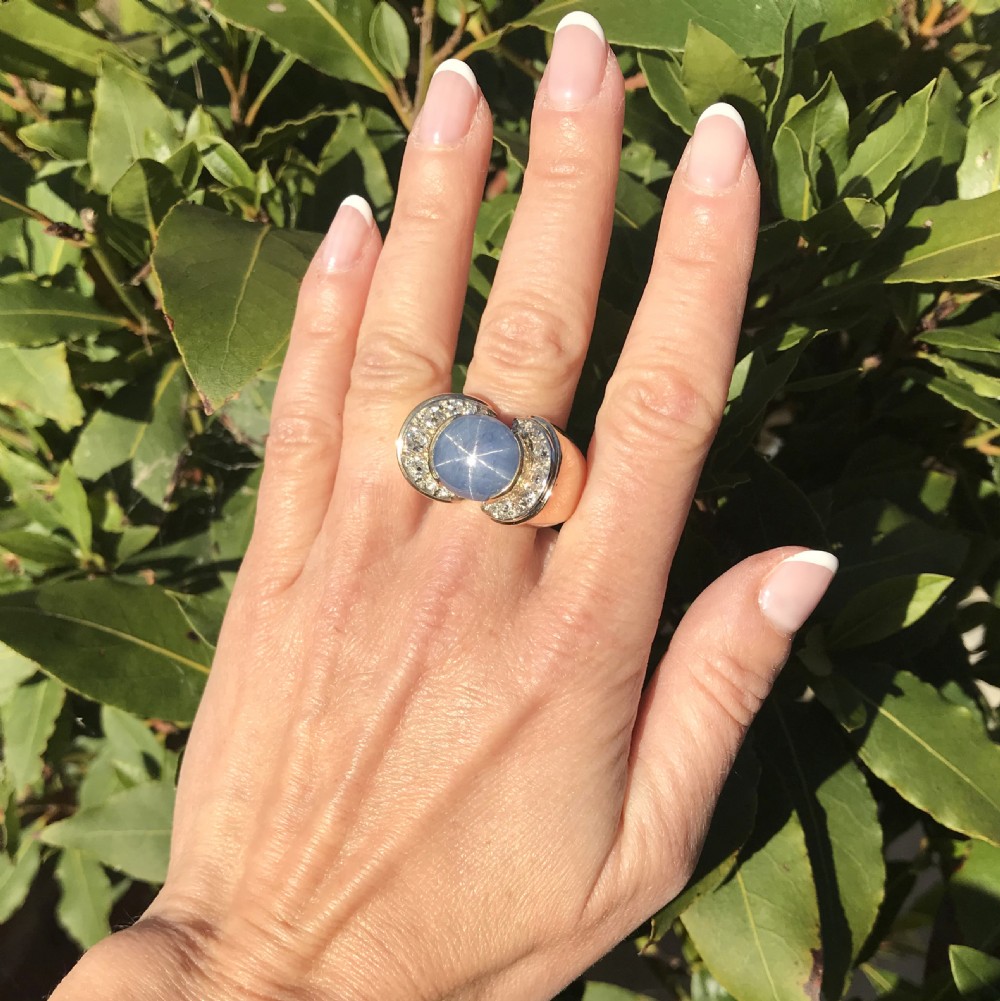 Retro 11.00 Carat Star Sapphire & 1.04 Carat Old Cut Diamond Ring, circa 1950
 View VI