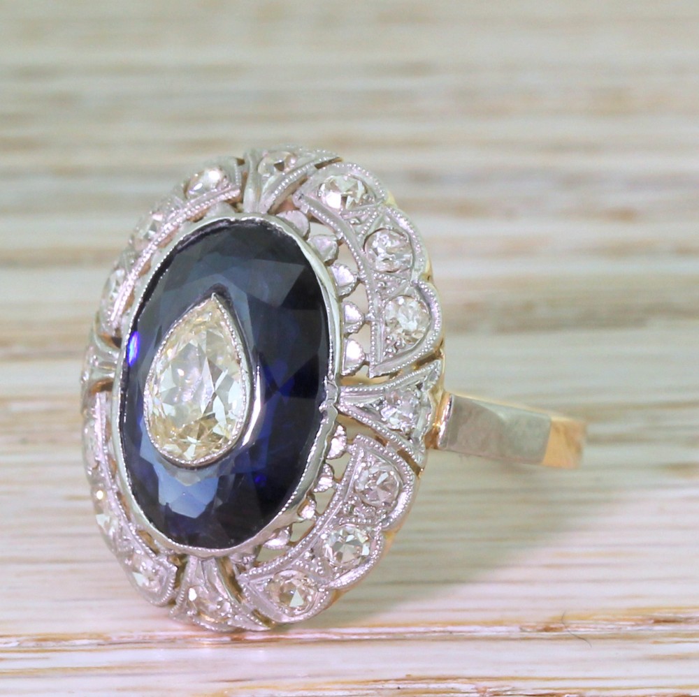 Mid Century Old Pear Cut & Sapphire Cluster Ring
