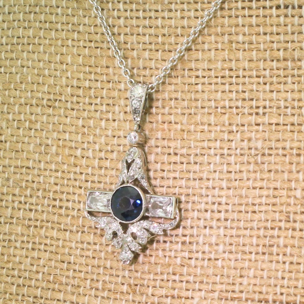 Art Deco Sapphire & Old Cut Diamond Platinum Pendant, circa 1920
