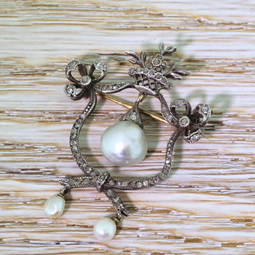 Victorian Natural Pearl & Rose Cut Diamond Brooch, circa 1860
