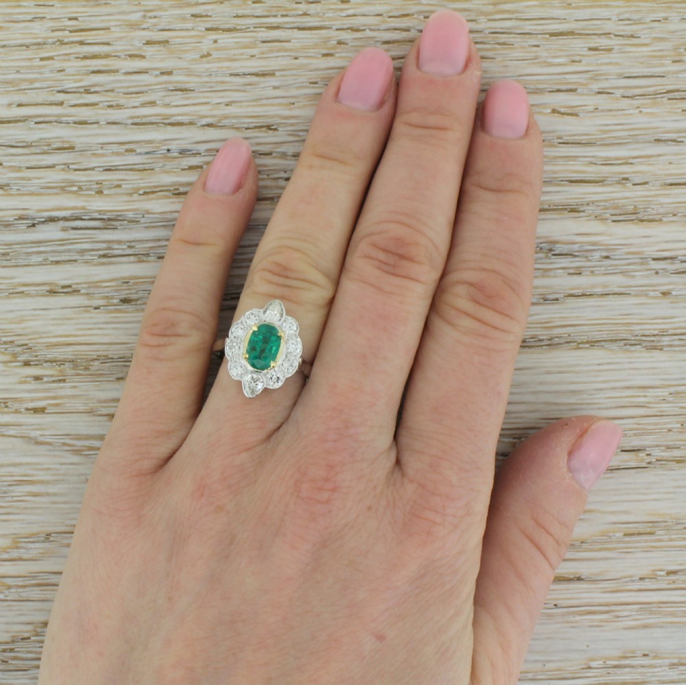 Mid Century 1.07 Carat Emerald & Diamond Cluster Ring, French
 View V