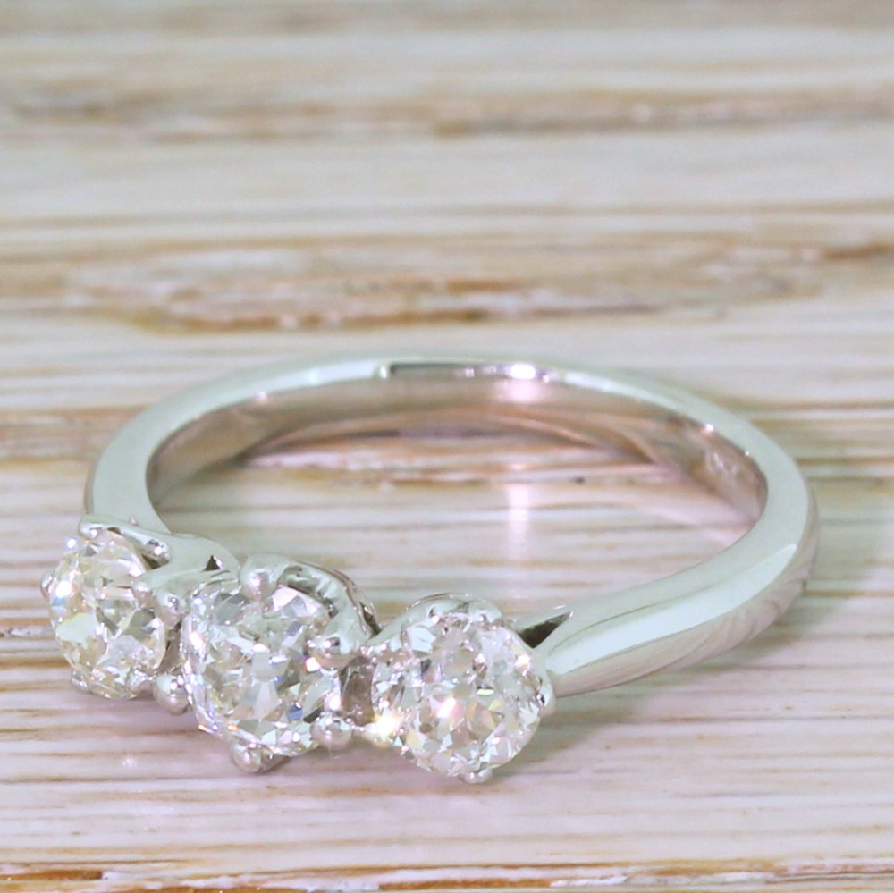 1.44 Carat Old Cut Diamond Trilogy Ring, 18k White Gold
