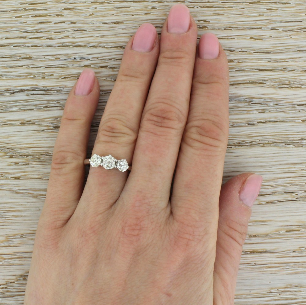 1.44 Carat Old Cut Diamond Trilogy Ring, 18k White Gold
 View V