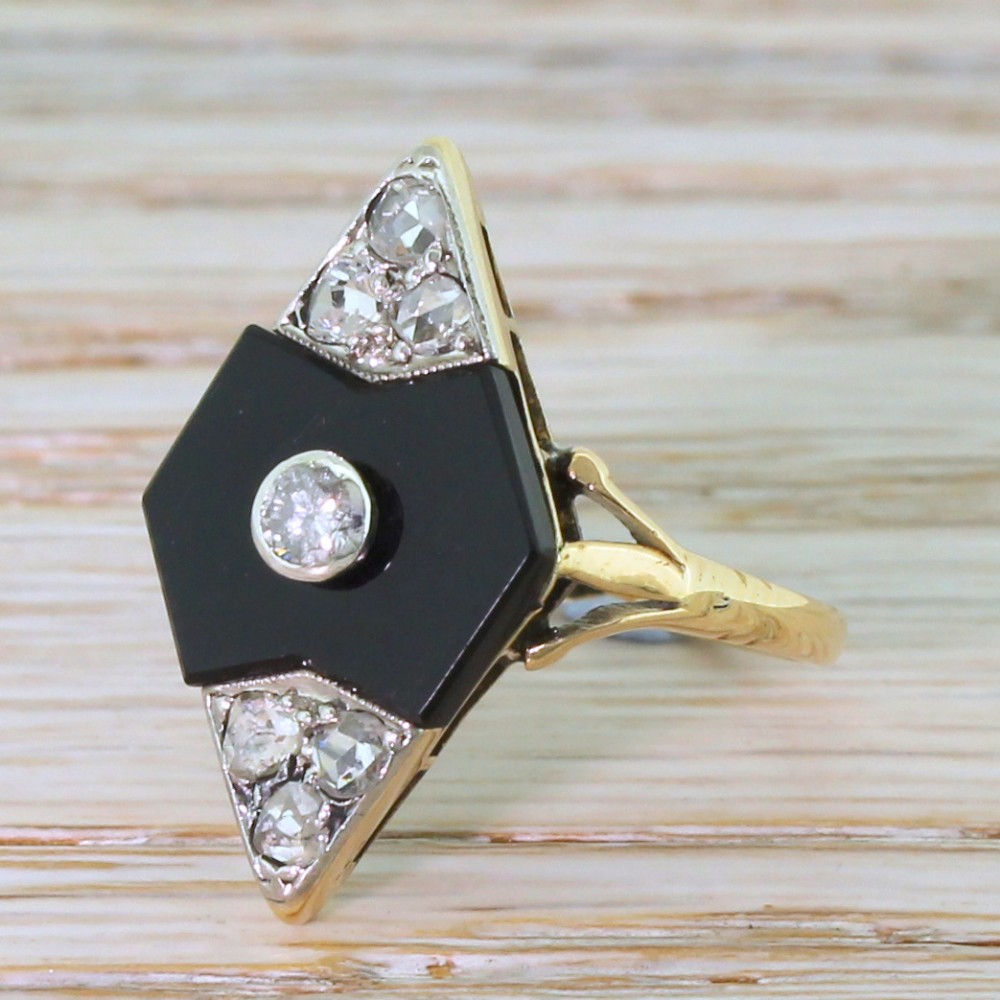 Art Deco 0.42 Carat Diamond & Onyx Marquise Ring, circa 1940
