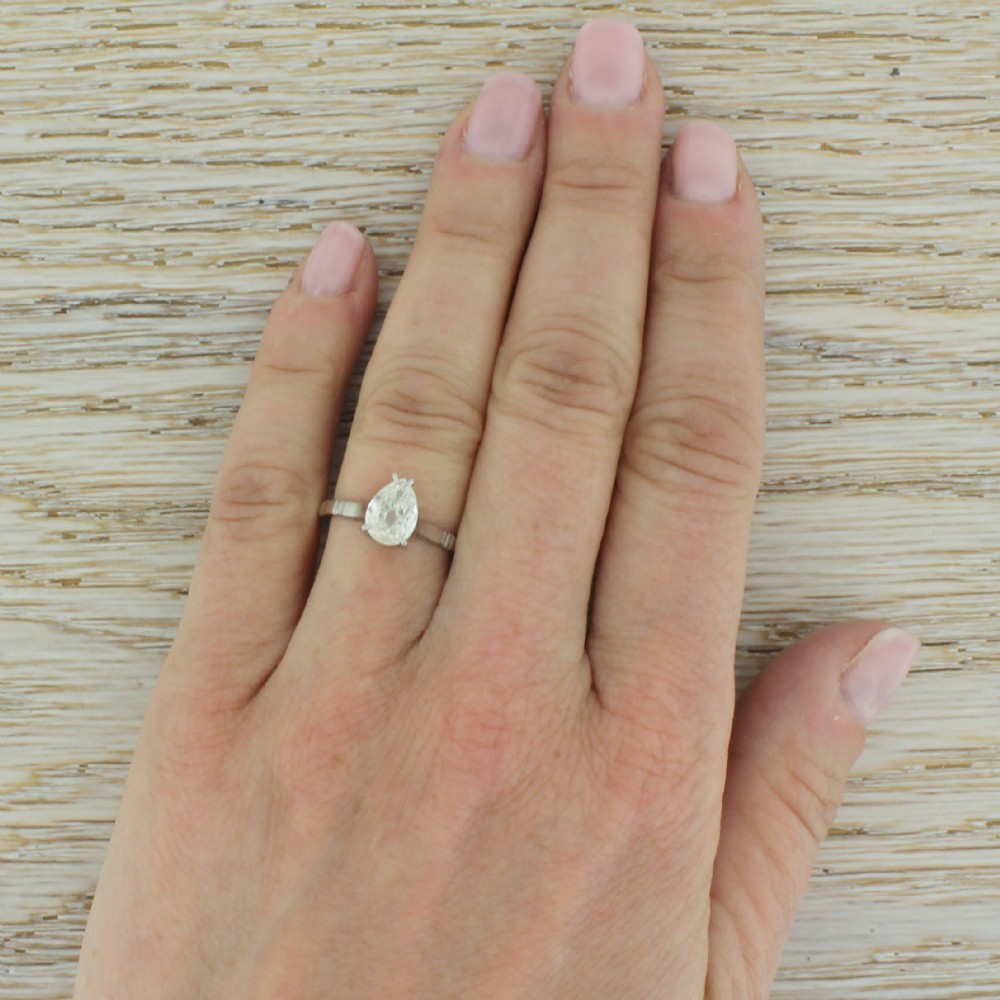 Art Deco 0.97 Carat Old Pear Cut Diamond Engagement Ring, Circa 1930