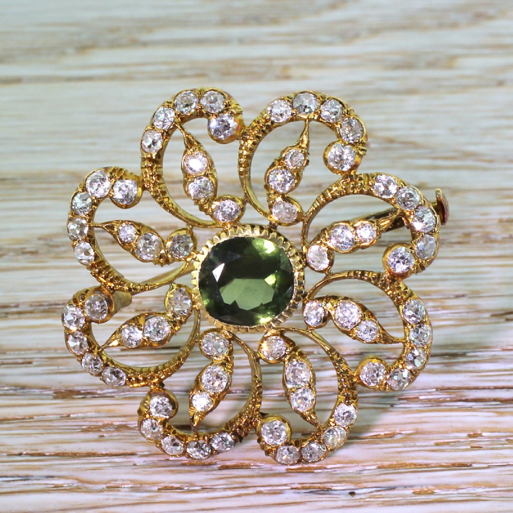 Victorian 3.00 Carat Green Sapphire & 3.50 Carat Old Cut Diamond Brooch, circa 1900
