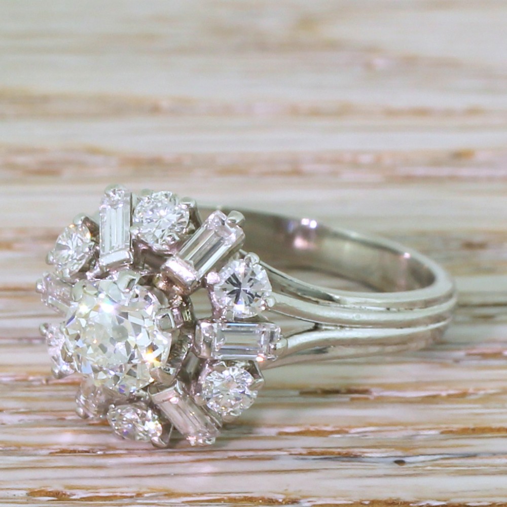 Mid Century 2.24 Old Cut Diamond Cluster Ring, circa 1965
