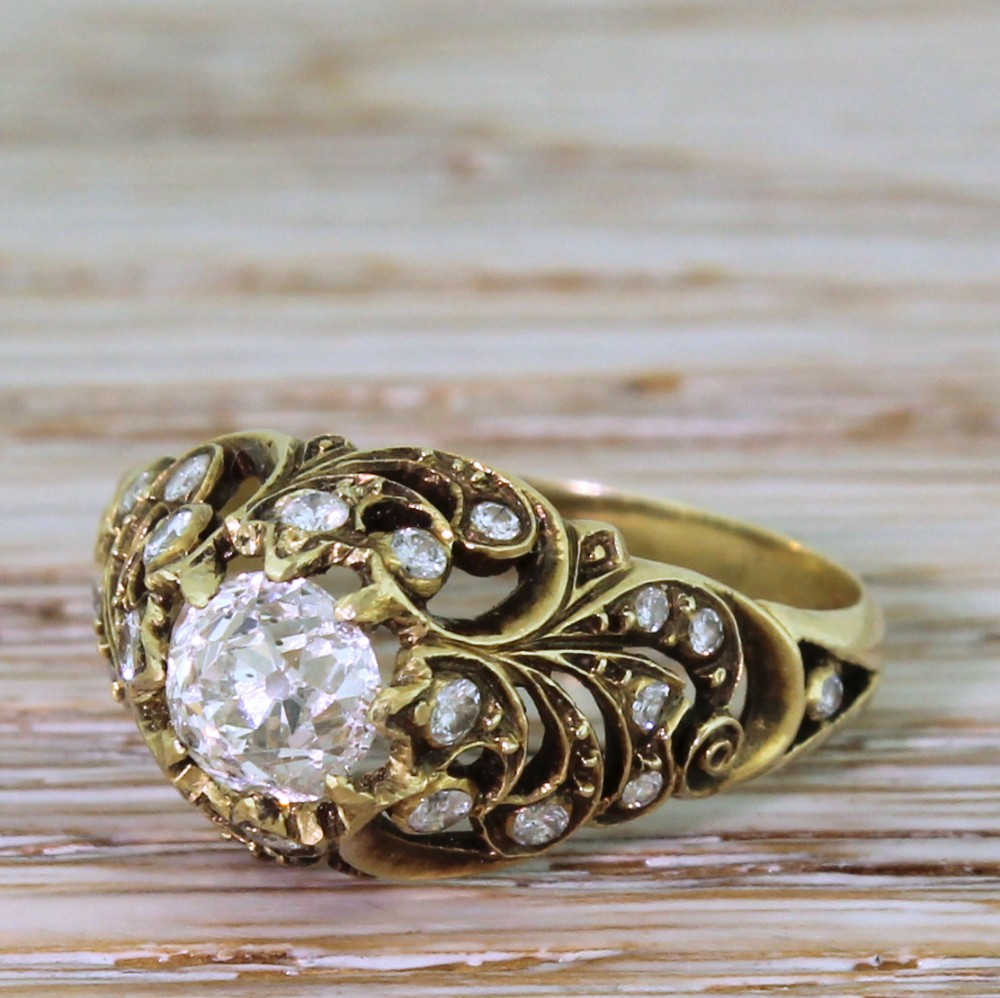 Mid Century 0.79 Carat Old Cut Diamond Ornate Solitaire Ring, circa 1965
