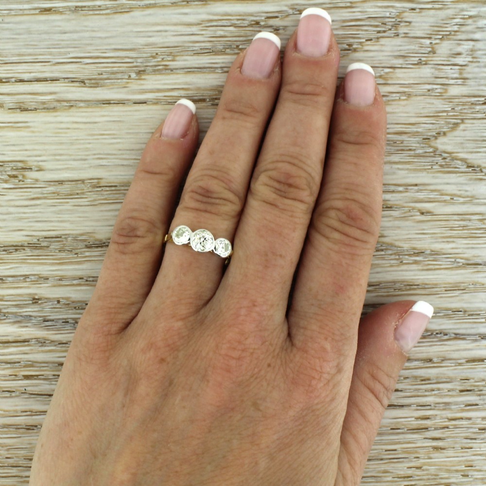 Mid Century 0.96 Carat Old Cut Diamond Trilogy Ring, circa 1955
 View V