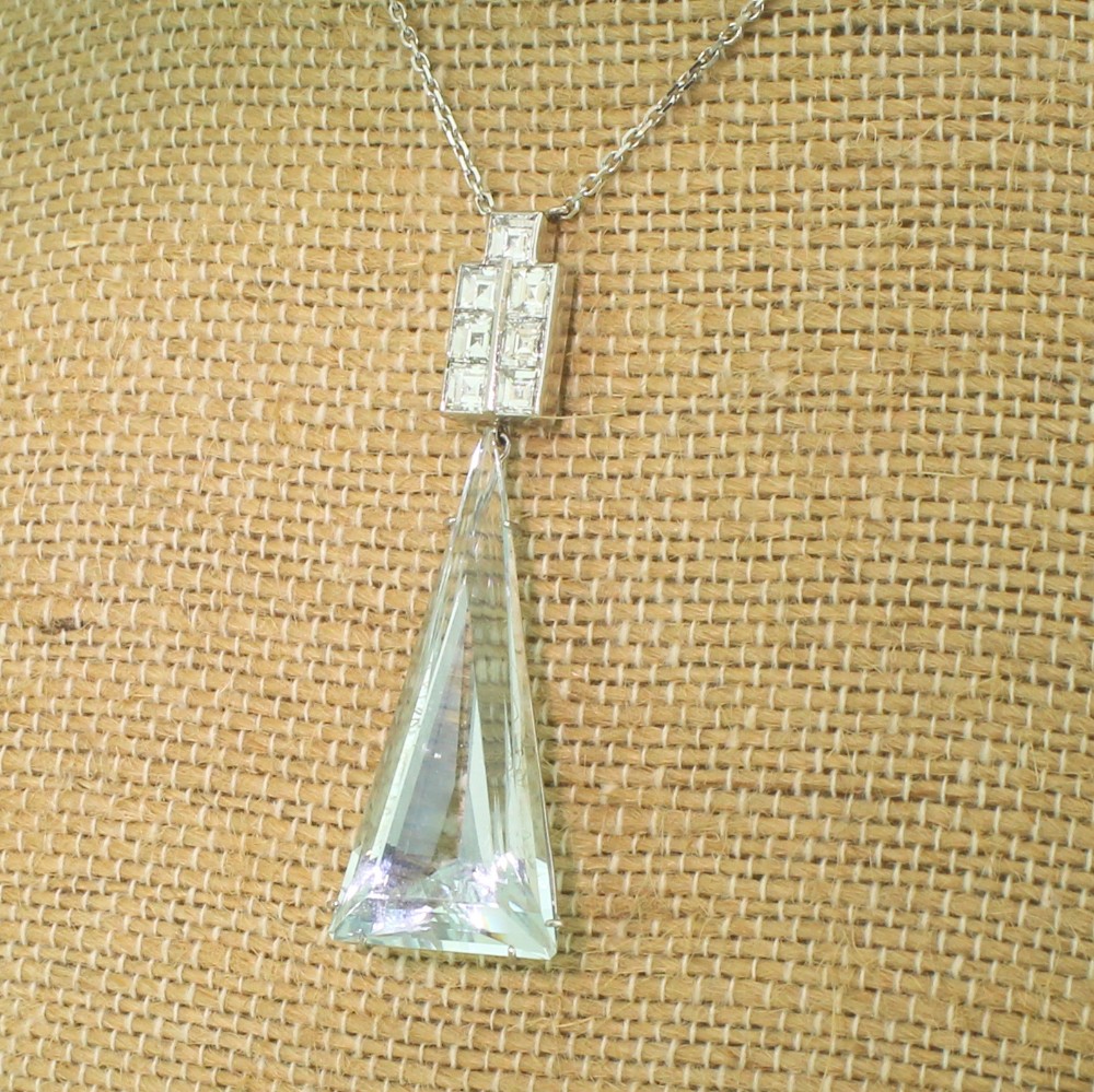 Art Deco Aquamarine & Carré Cut Diamond Necklace, circa 1925
