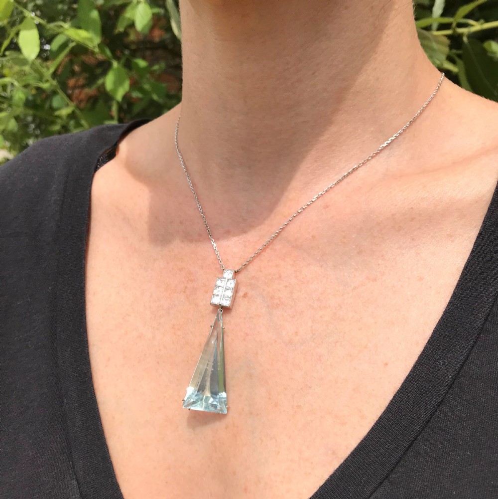Art Deco Aquamarine & Carré Cut Diamond Necklace, circa 1925
 View II