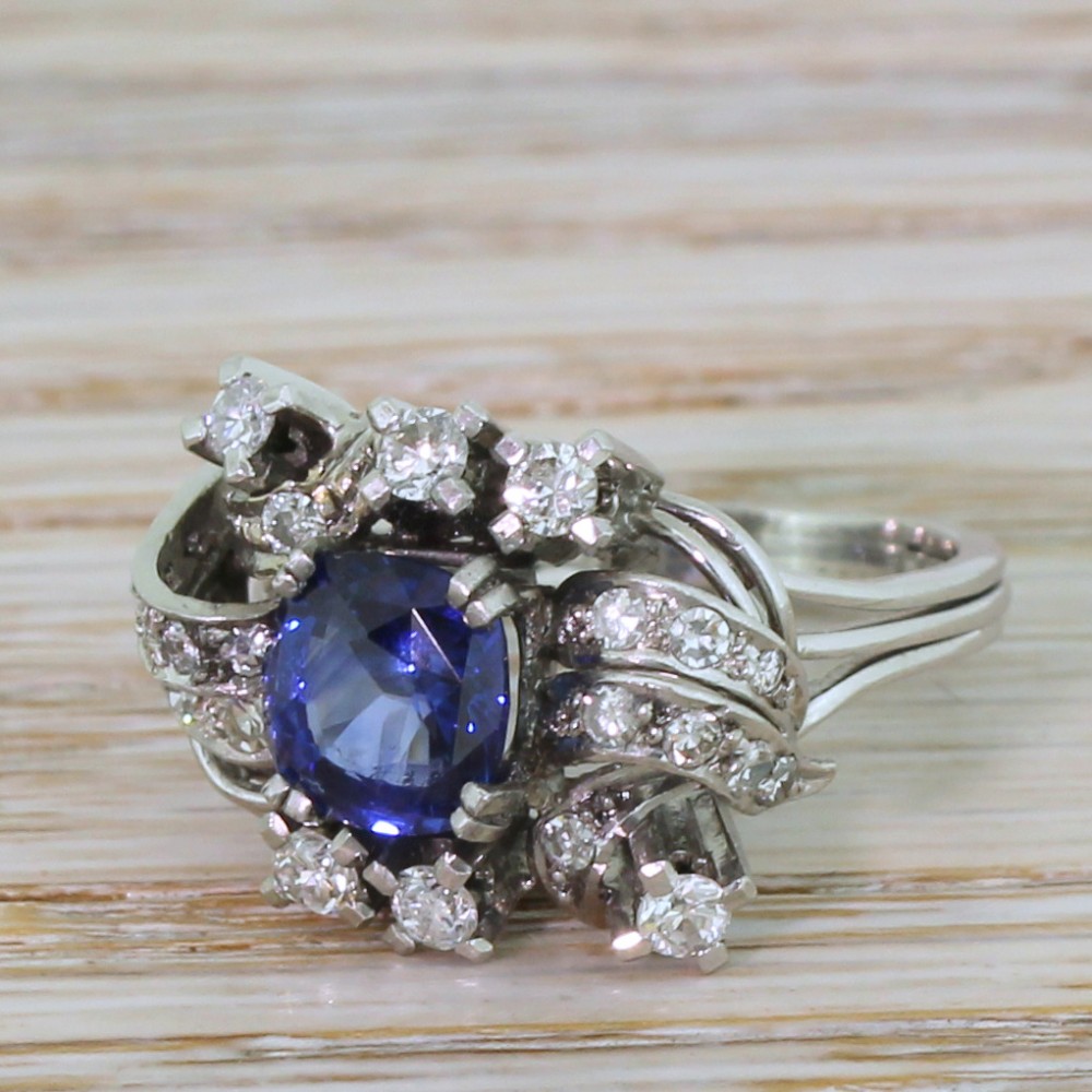 Mid Century 2.02 Carat Sapphire & 0.63 Carat Diamond Ring, circa 1965
