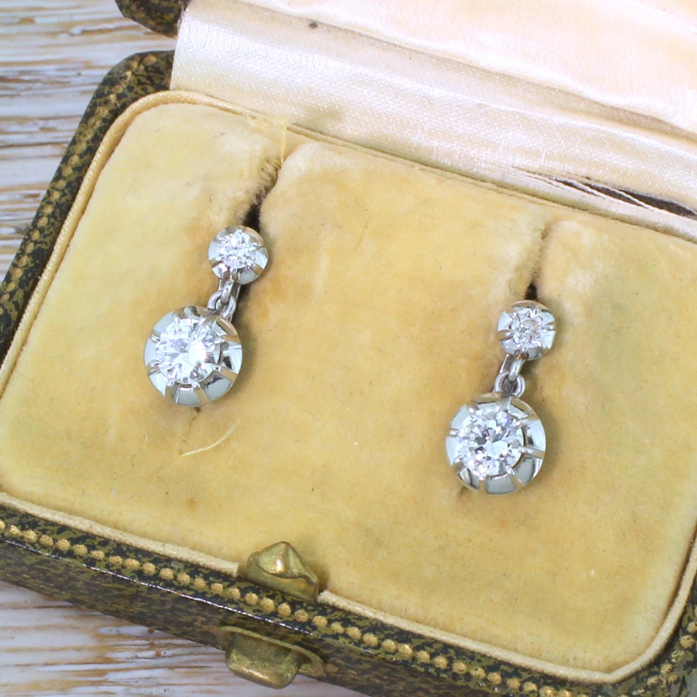 Mid Century 0.86 Carat Transitional Cut Diamond Earrings, circa 1950
