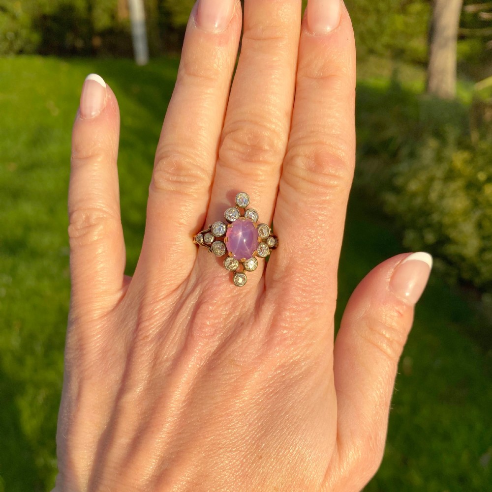 Victorian 4.68 Carat Ceylon Purple Star Sapphire & Diamond Ring, circa 1890 View VII