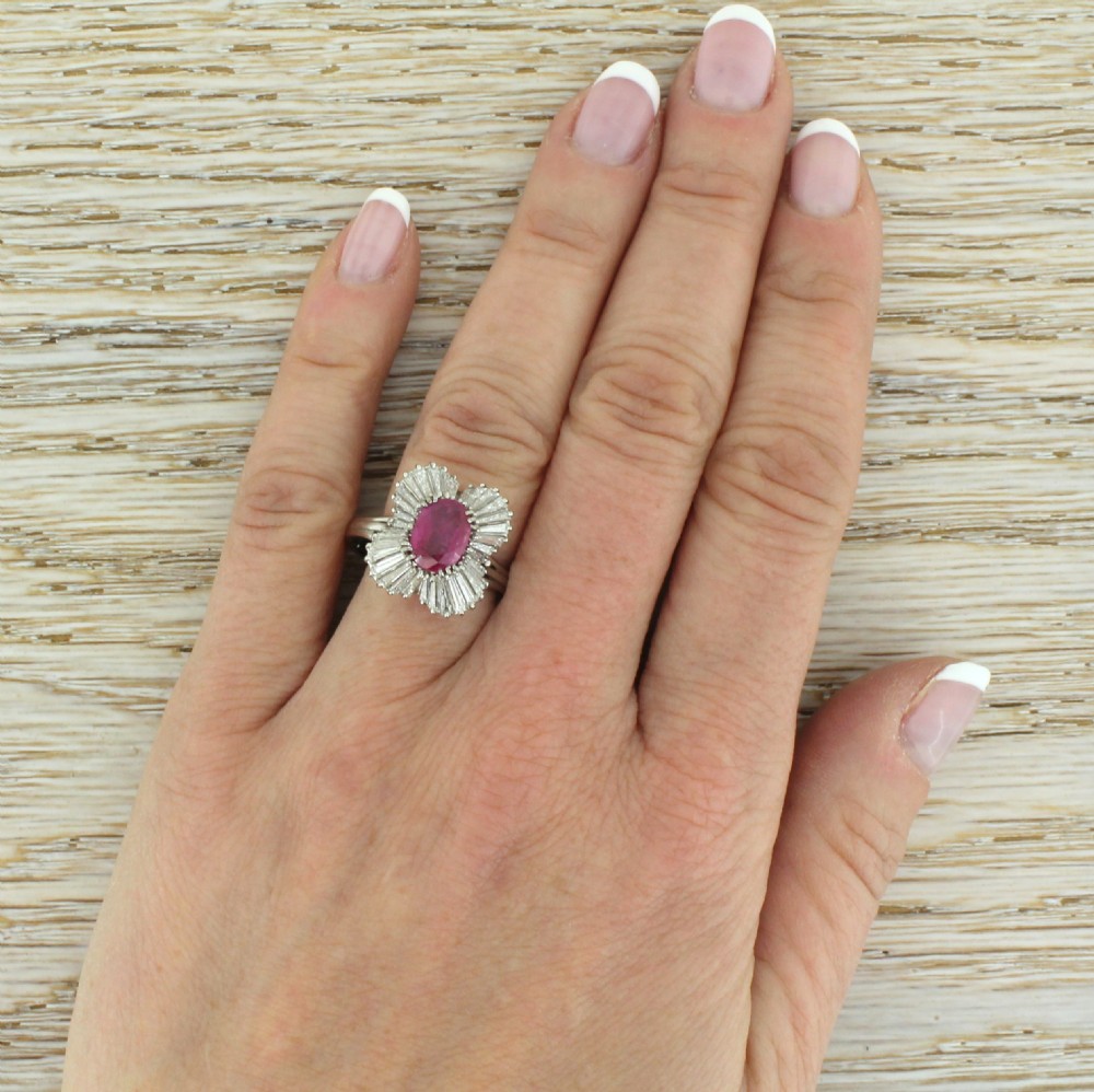Mid Century 1.39 Carat Natural Burmese Ruby & Diamond Ballerina Ring, circa 1965 View V