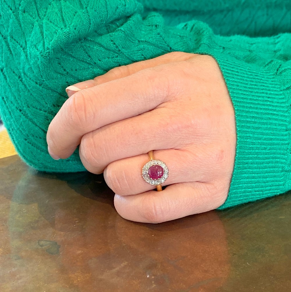 Mid Century 0.65 Carat Cabochon Ruby & Old Cut Diamond Cluster Ring, circa 1950 View VII