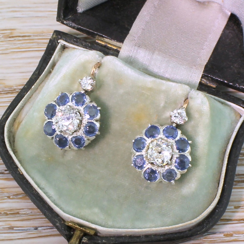 Victorian 1.49 Carat Diamond & 2.88 Carat Sapphire Earrings, circa 1900