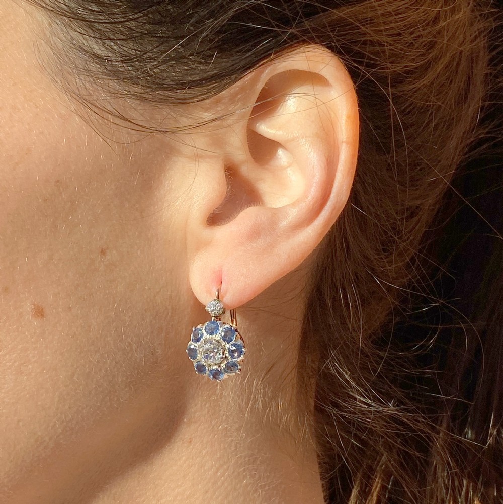 Victorian 1.49 Carat Diamond & 2.88 Carat Sapphire Earrings, circa 1900 View II