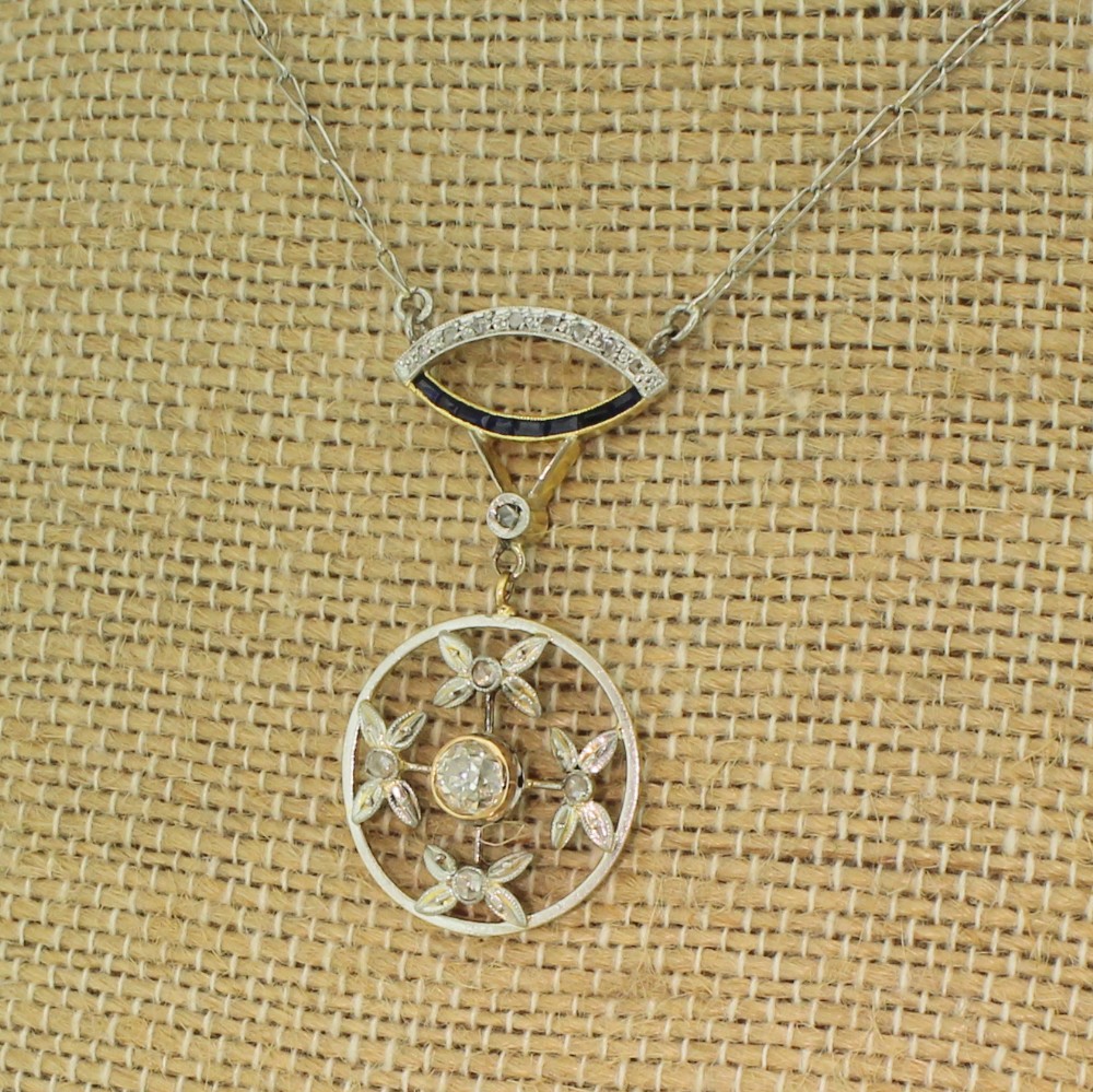 Art Deco 0.52 Carat Old Cut Diamond & Sapphire Pendant, circa 1935