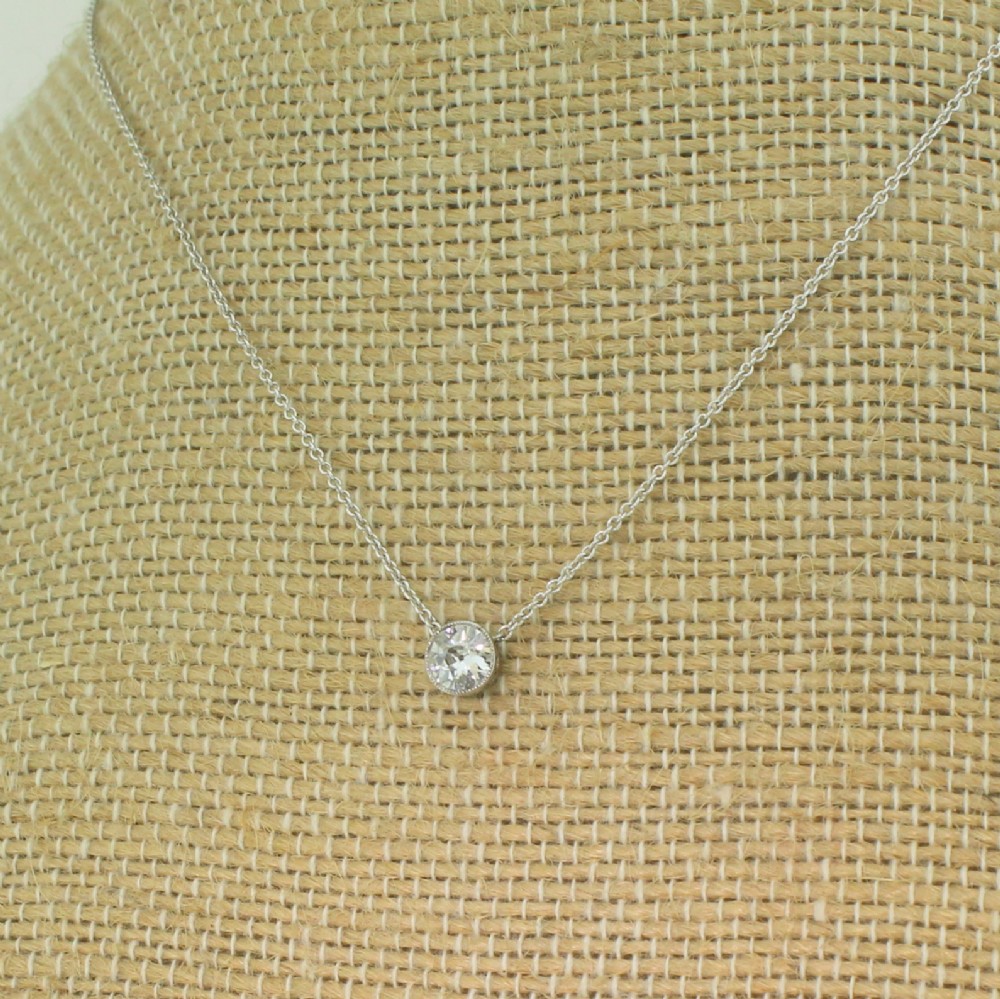 0.40 Carat Old Cut Diamond Solitaire Pendant Necklace, 18k White Gold