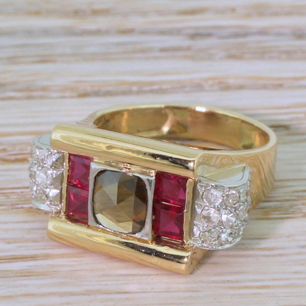 Retro 0.59 Carat Fancy Brown Rose Cut Diamond & Ruby Ring, circa 1950