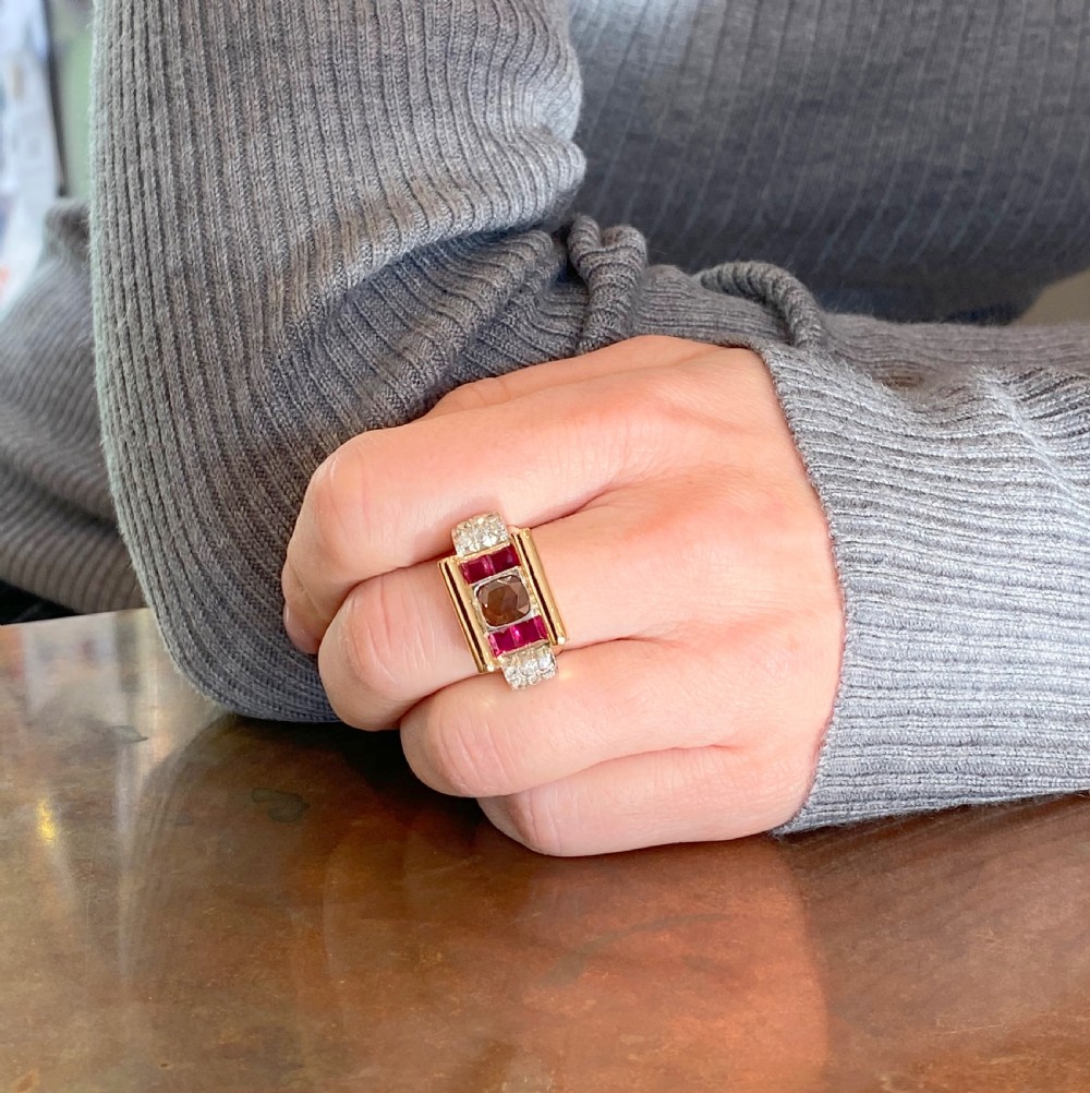 Retro 0.59 Carat Fancy Brown Rose Cut Diamond & Ruby Ring, circa 1950 View VIII