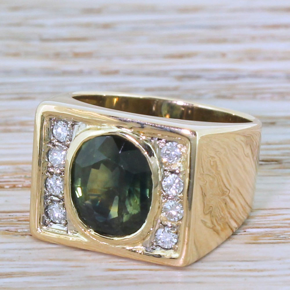 Mid Century 4.14 Carat Green Sapphire & Diamond Ring, circa 1965