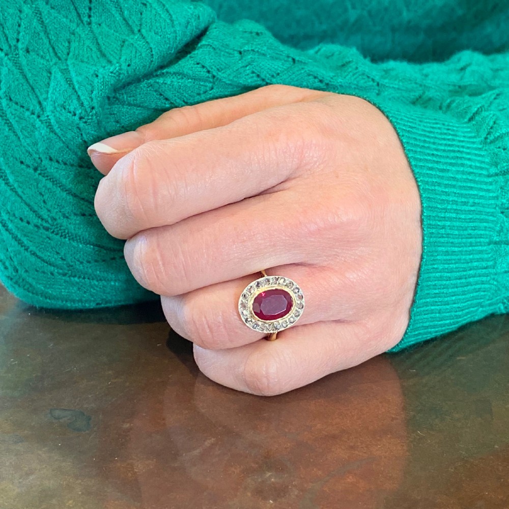 Art Deco 3.43 Carat Ruby & Rose Cut Diamond Cluster Ring, circa 1920 View VII