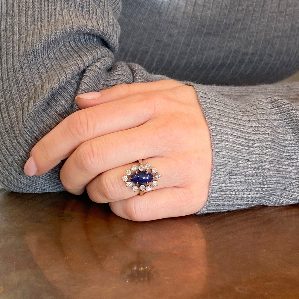 Mid Century 2.20 Carat Cabochon Sapphire & Old Cut Diamond Ring, circa 1965 View VII