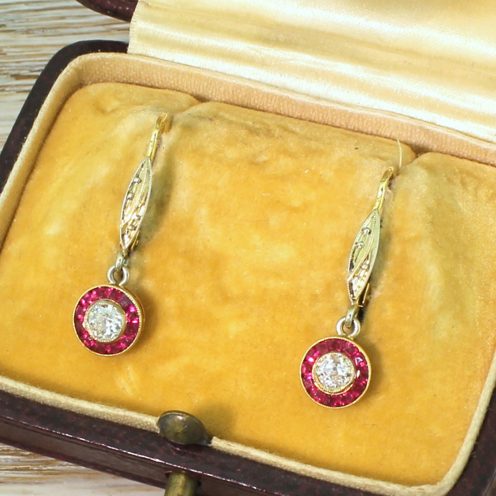 Art Deco Old Cut Diamond & Ruby Target Cluster Earrings, circa 1935