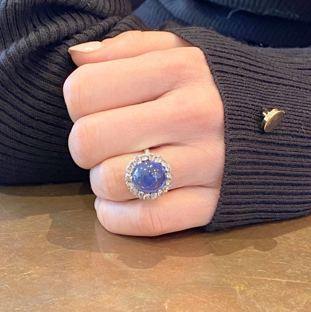 Mid Century 9.20 Carat Cabochon Sapphire & Rose Cut Diamond Cluster Ring, circa 1950 View VII