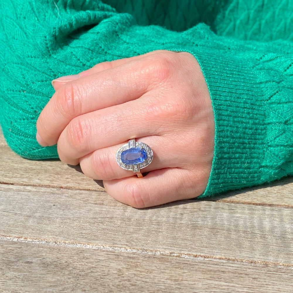 Art Deco 2.50 Carat Natural Ceylon Sapphire & Rose Cut Diamond Ring, circa 1930 View VII