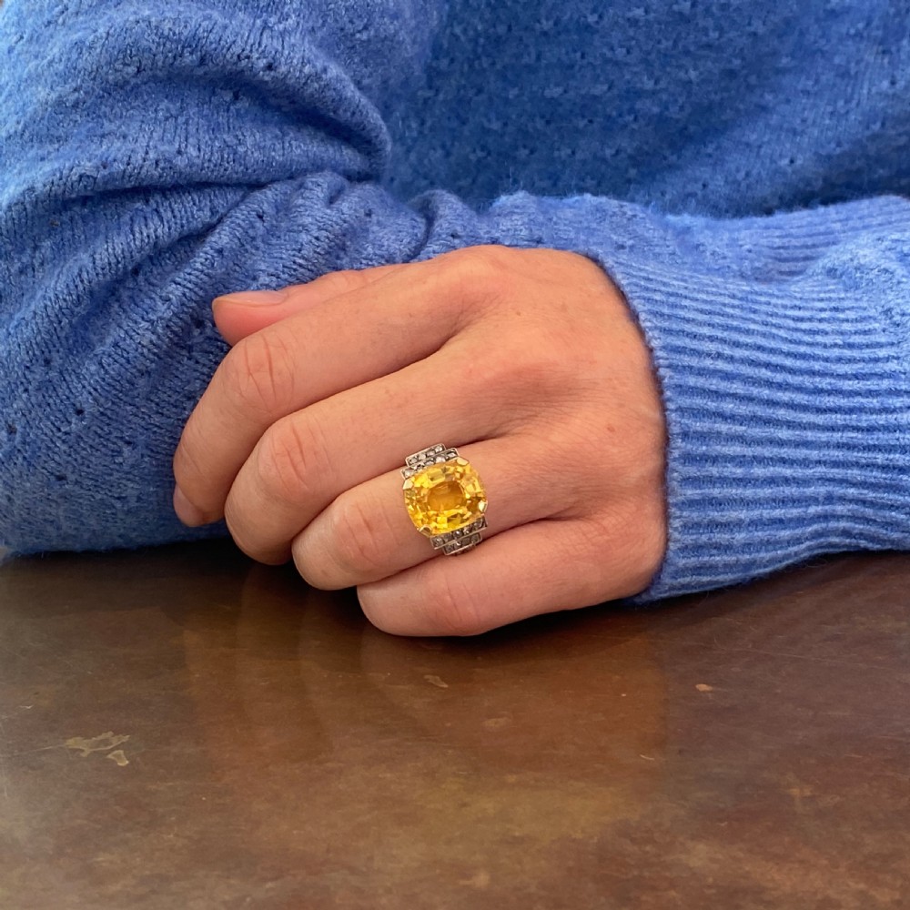 Art Deco 9.76 Carat Yellow Sapphire & Diamond Ring, circa 1935 View VIII