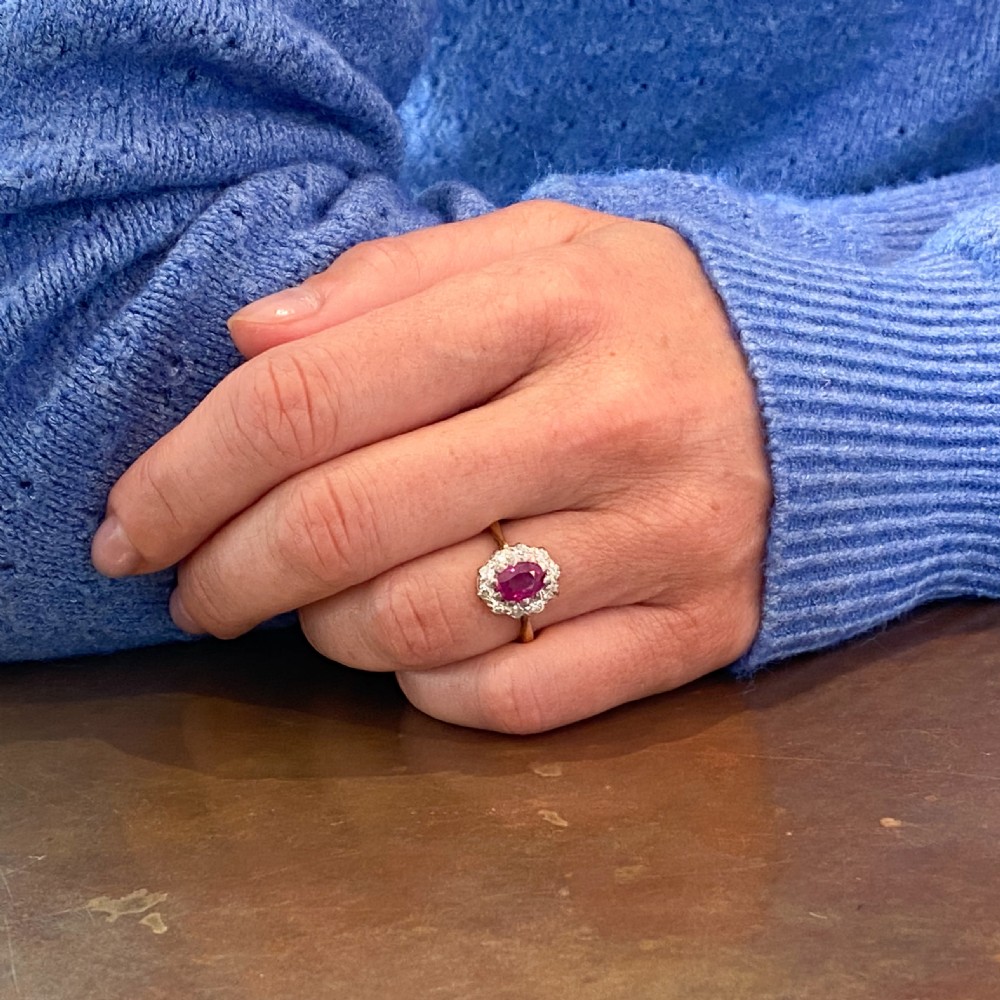 Mid Century 0.85 Carat Ruby & Diamond Cluster Ring, circa 1950 View VIII