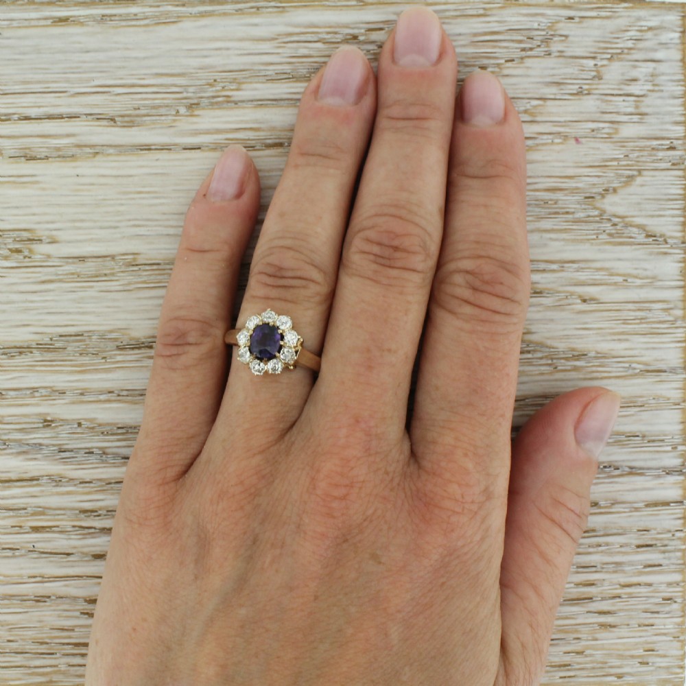 Edwardian 0.81 Carat Purple Sapphire & Old Cut Diamond Cluster Ring, circa 1910 View VI