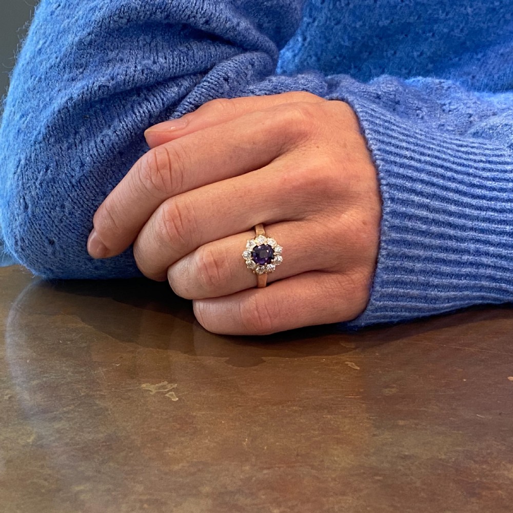 Edwardian 0.81 Carat Purple Sapphire & Old Cut Diamond Cluster Ring, circa 1910 View VIII