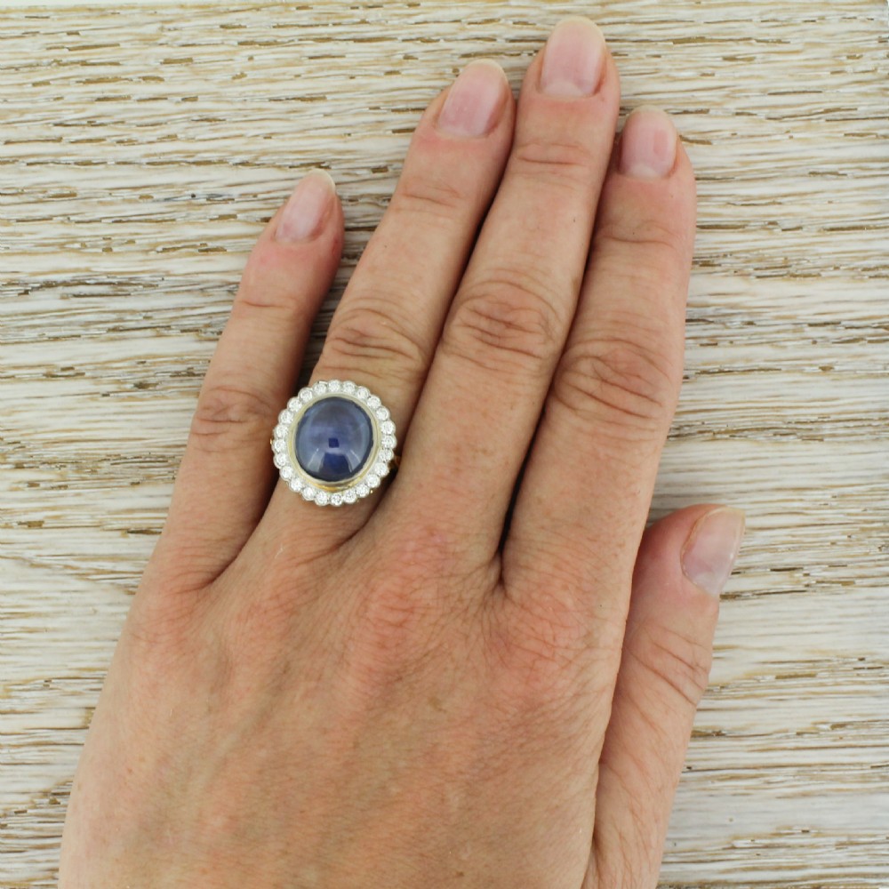 Mid Century 8.73 Carat Natural Ceylon Cabochon Sapphire & Diamond Ring, circa 1960 View VI