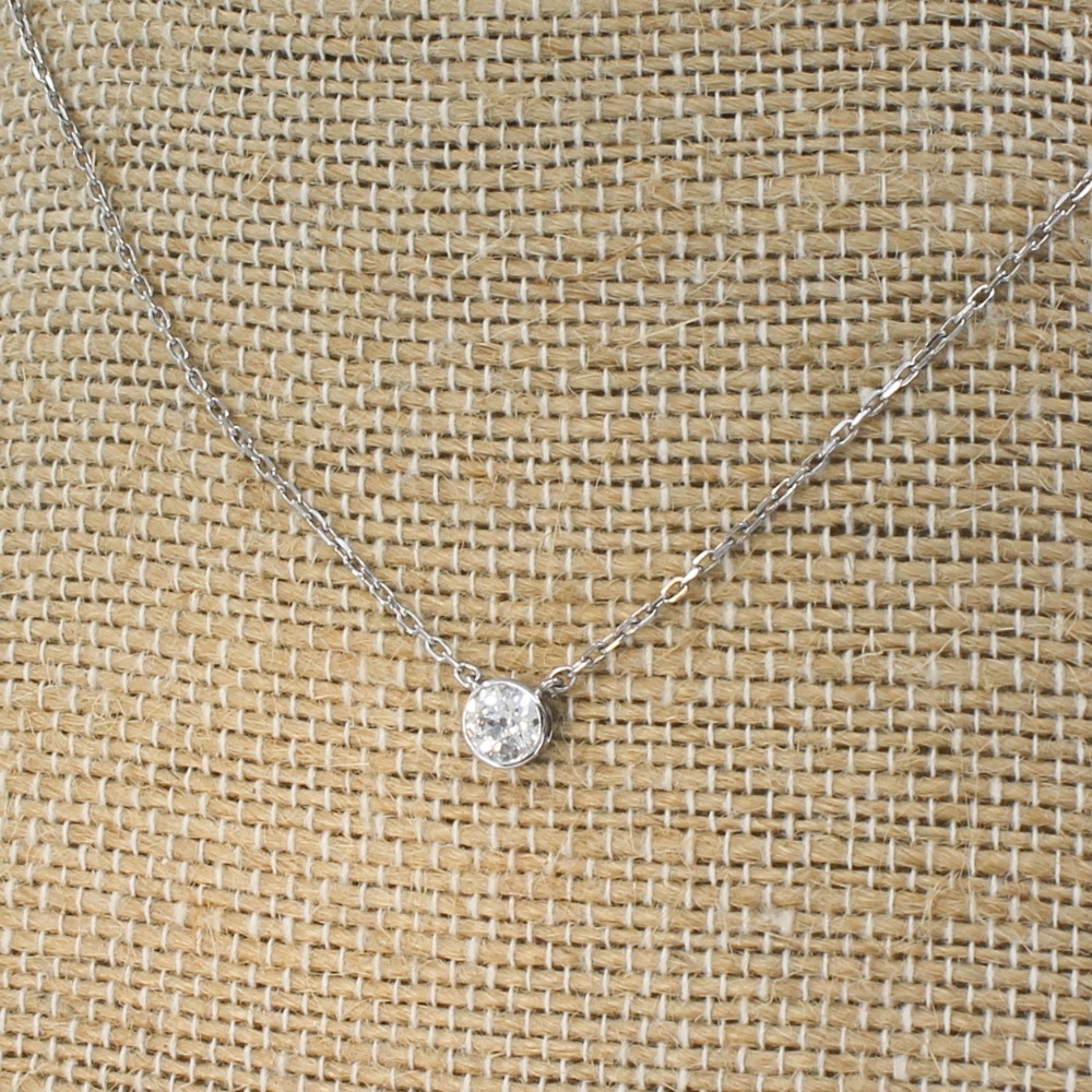 0.43 Carat Old Cut Diamond Solitaire Pendant Necklace, 18k White Gold