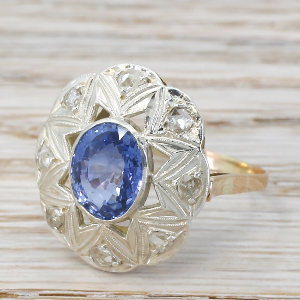 Mid Century 3.00 Carat Sapphire & Rose Cut Diamond Ring, circa 1945
