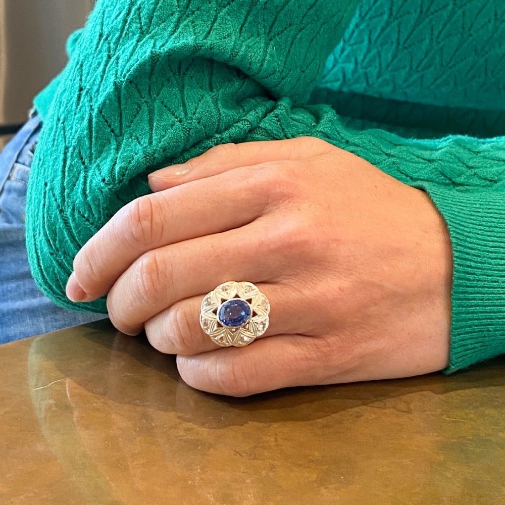 Mid Century 3.00 Carat Sapphire & Rose Cut Diamond Ring, circa 1945 View VII