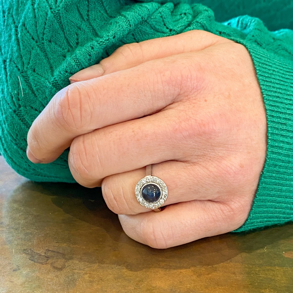 Art Deco 1.86 Carat Cabochon Sapphire & Old Cut Diamond Ring, circa 1925 View VIII