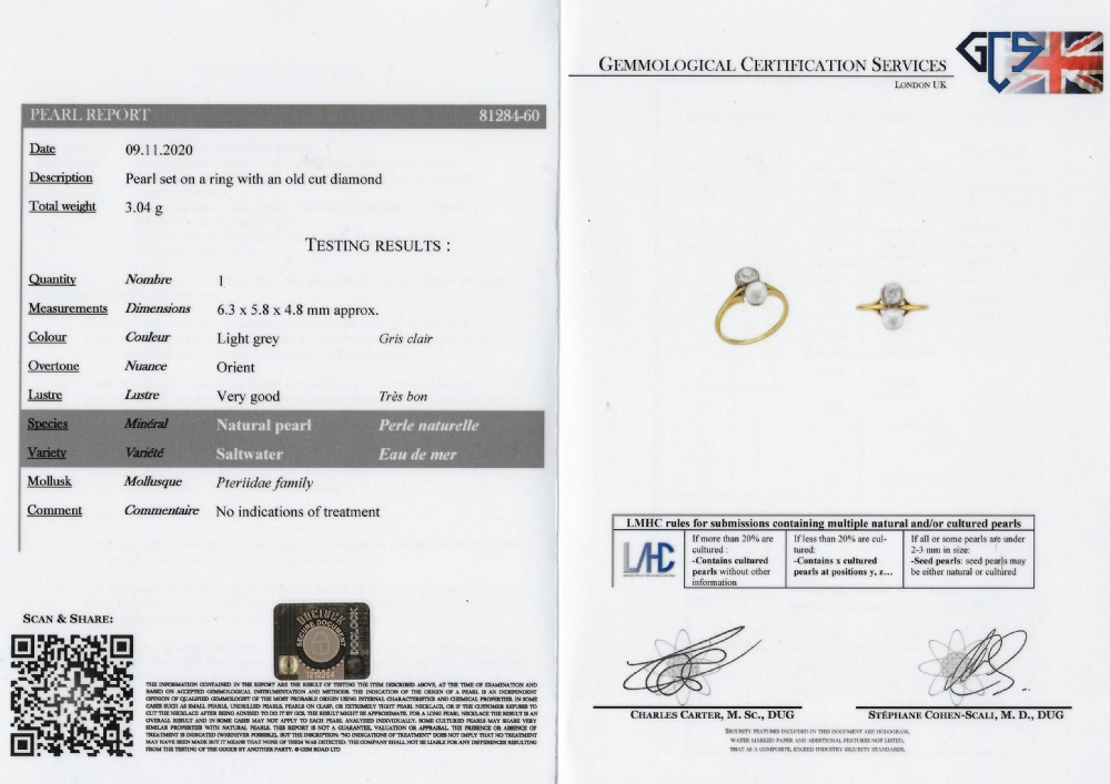 Edwardian 0.70 Carat Old Cut Diamond & Natural Pearl Ring, dated 1913
 View VII